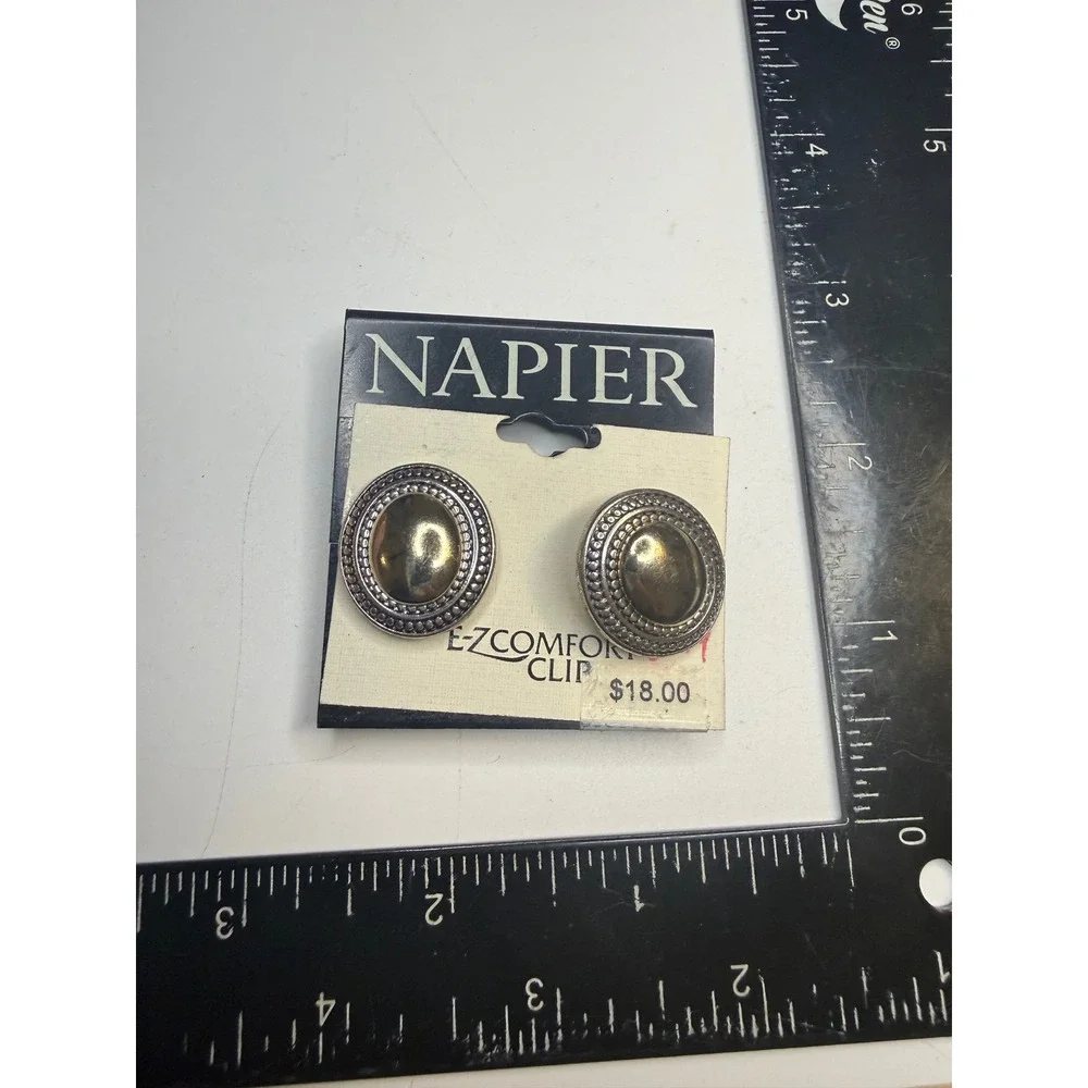 Napier E-Z Comfort Clip Earrings Two Tone Silver Gold Oval Button 390330-G